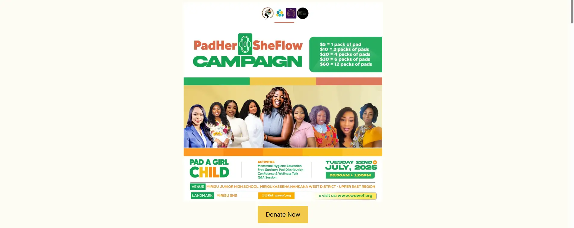 PadHER-SHEFlow Campaign - Donate to support menstrual hygiene and education for girls in West Africa. 